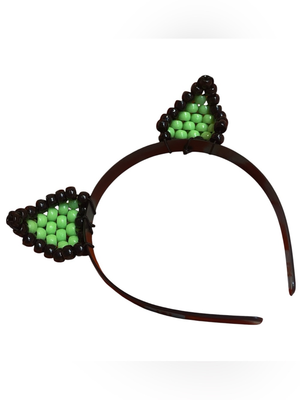 Hand Crafted Black and Lime Green Beaded Cat Ear Headband